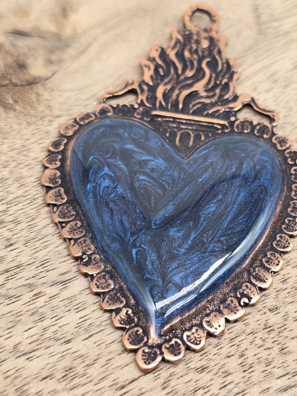 Sacred Heart Metal Pendant with Blue Enamel – Antique Copper, 70 × 45 mm