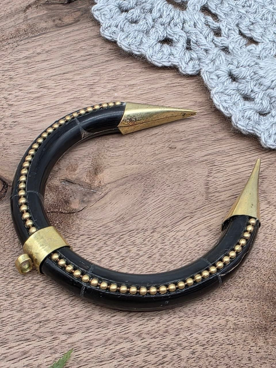 Large Natural Black Horn Pendant with Brass Details – 8.5 × 8 cm