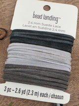 Bead Landing Genuine Flat Leather Cords – Raven, Moon Mist & Wolf Grey – 2.4 mm – 3 × 2.3 m