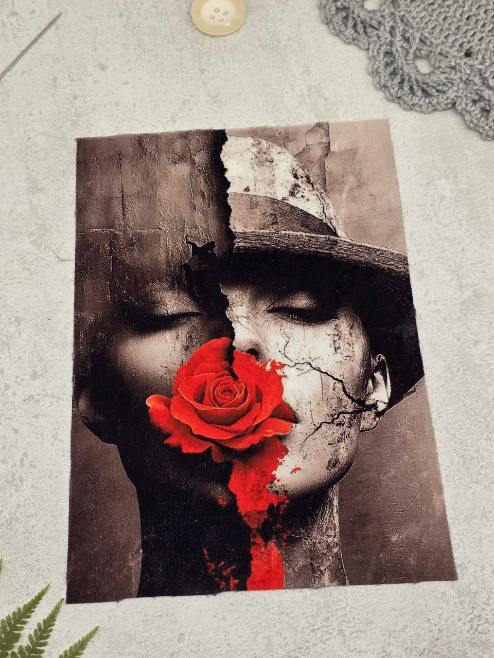 Velvet Crimson Rose Portrait Appliqué Patch 26.5 × 17.5 cm