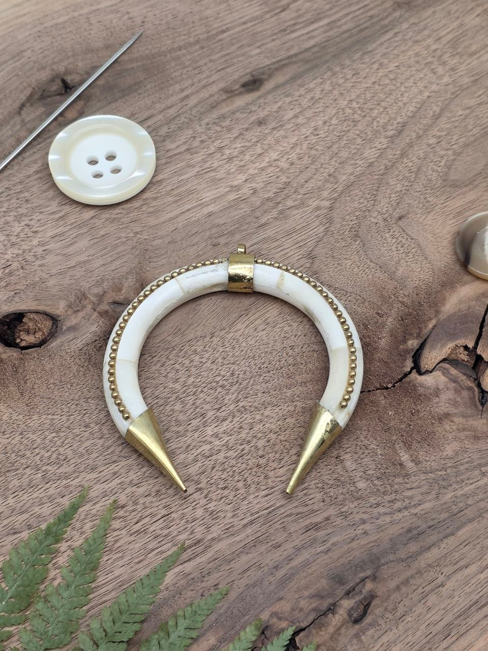 Large Natural Horn Pendant with Brass Details – 8.5 × 8 cm