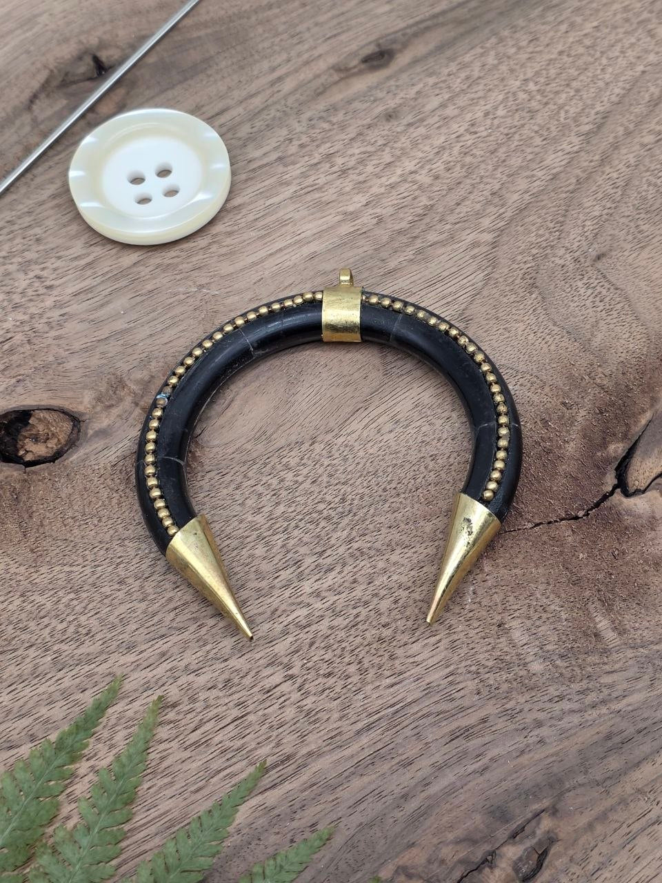 Large Natural Black Horn Pendant with Brass Details – 8.5 × 8 cm