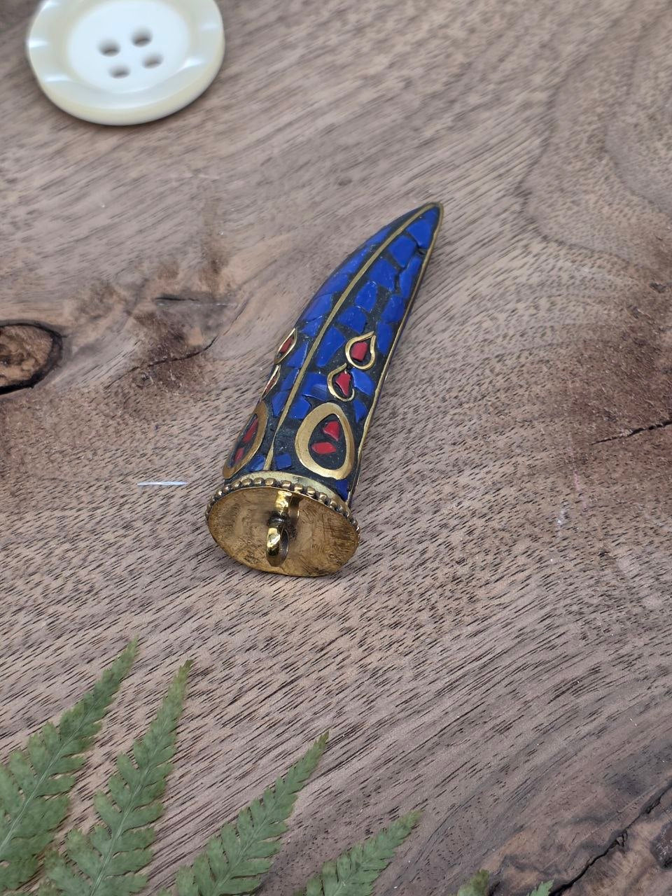 Large Mosaic Horn Pendant – Blue & Gold – 7 cm