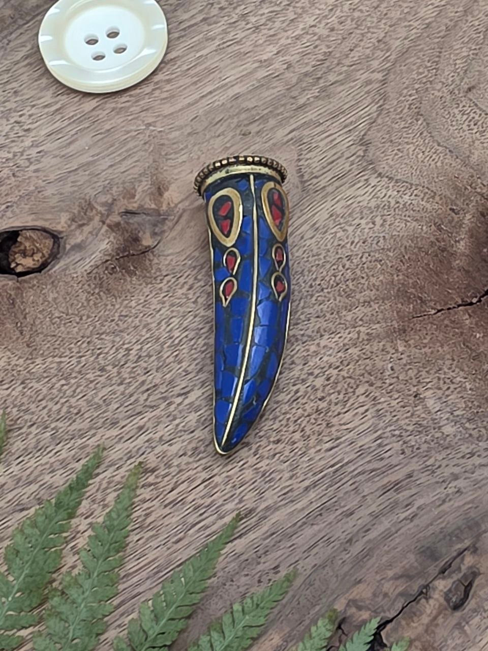 Large Mosaic Horn Pendant – Blue & Gold – 7 cm