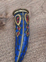 Large Mosaic Horn Pendant – Blue & Gold – 7 cm