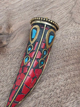 Large Mosaic Horn Pendant – Red & Turquoise – 7 cm