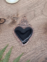 Sacred Heart Metal Pendant with Black Enamel – Antique Copper, 70 × 45 mm