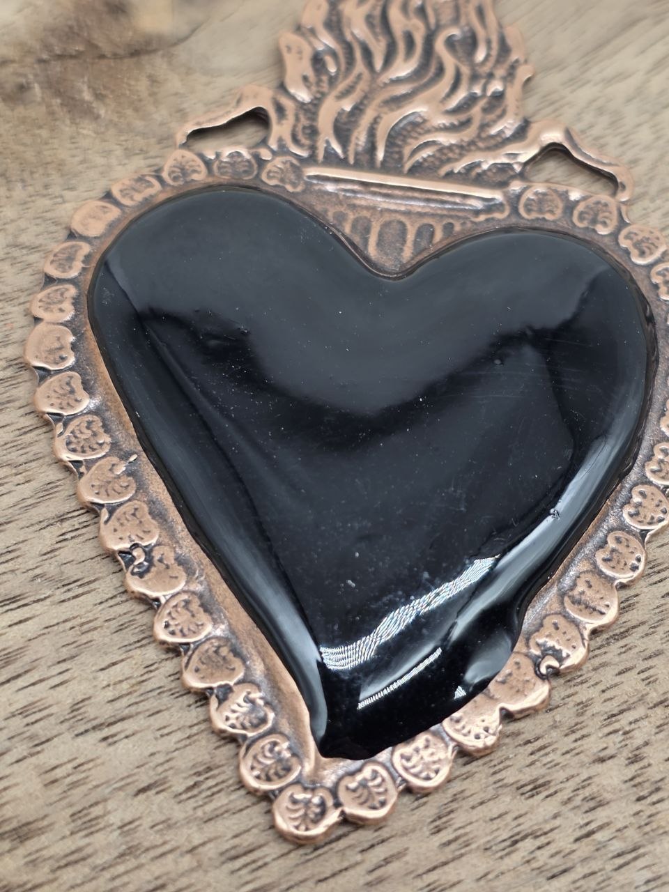 Sacred Heart Metal Pendant with Black Enamel – Antique Copper, 70 × 45 mm