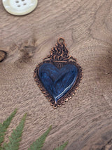 Sacred Heart Metal Pendant with Blue Enamel – Antique Copper, 70 × 45 mm