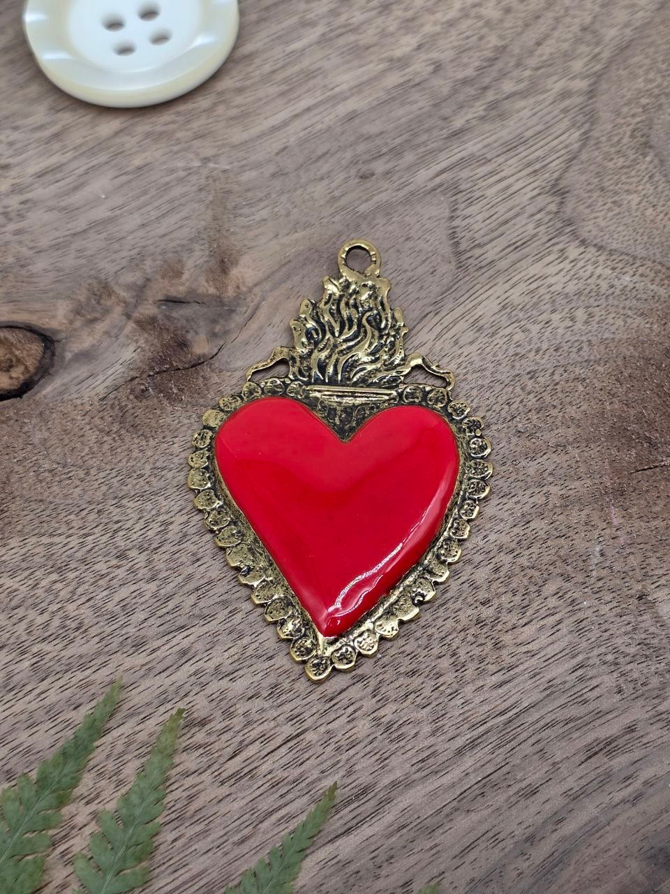 Sacred Heart Metal Pendant with Red Enamel – Antique Brass, 70 × 45 mm