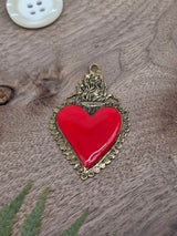Sacred Heart Metal Pendant with Red Enamel – Antique Brass, 70 × 45 mm