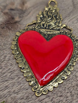 Sacred Heart Metal Pendant with Red Enamel – Antique Brass, 70 × 45 mm