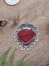 Crowned Heart Metal Pendant with Red Enamel – Antique Silver, 60 × 50 mm