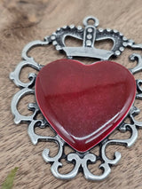 Crowned Heart Metal Pendant with Red Enamel – Antique Silver, 60 × 50 mm