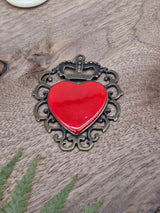 Crowned Heart Metal Pendant with Red Enamel – Antique Brass, 60 × 50 mm