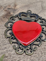 Crowned Heart Metal Pendant with Red Enamel – Antique Brass, 60 × 50 mm